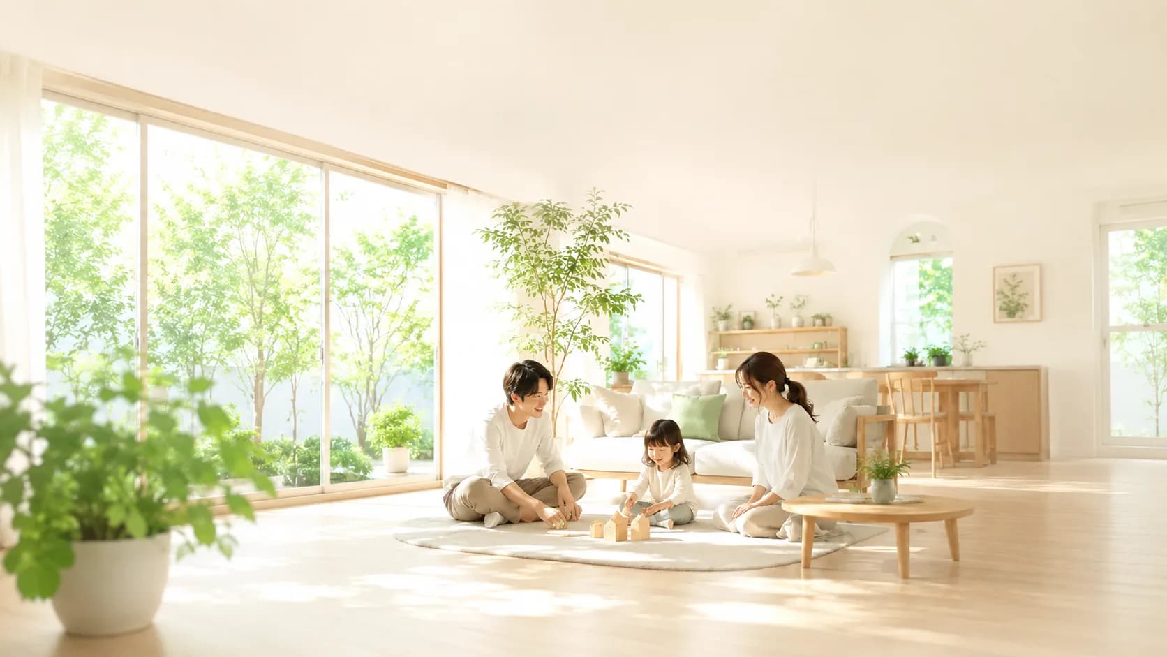光が差し込む明るいリビングで遊ぶ家族